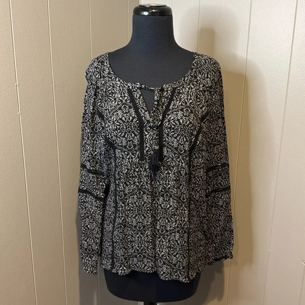 Daniel Rainn Women’s Large Lattice Black White Patterned Long Sleeve Boho Top
